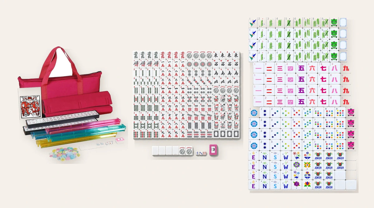 Three American mahjong set formats compared: Zinnia with racks, Bluebell tiles, and Marigold tiles