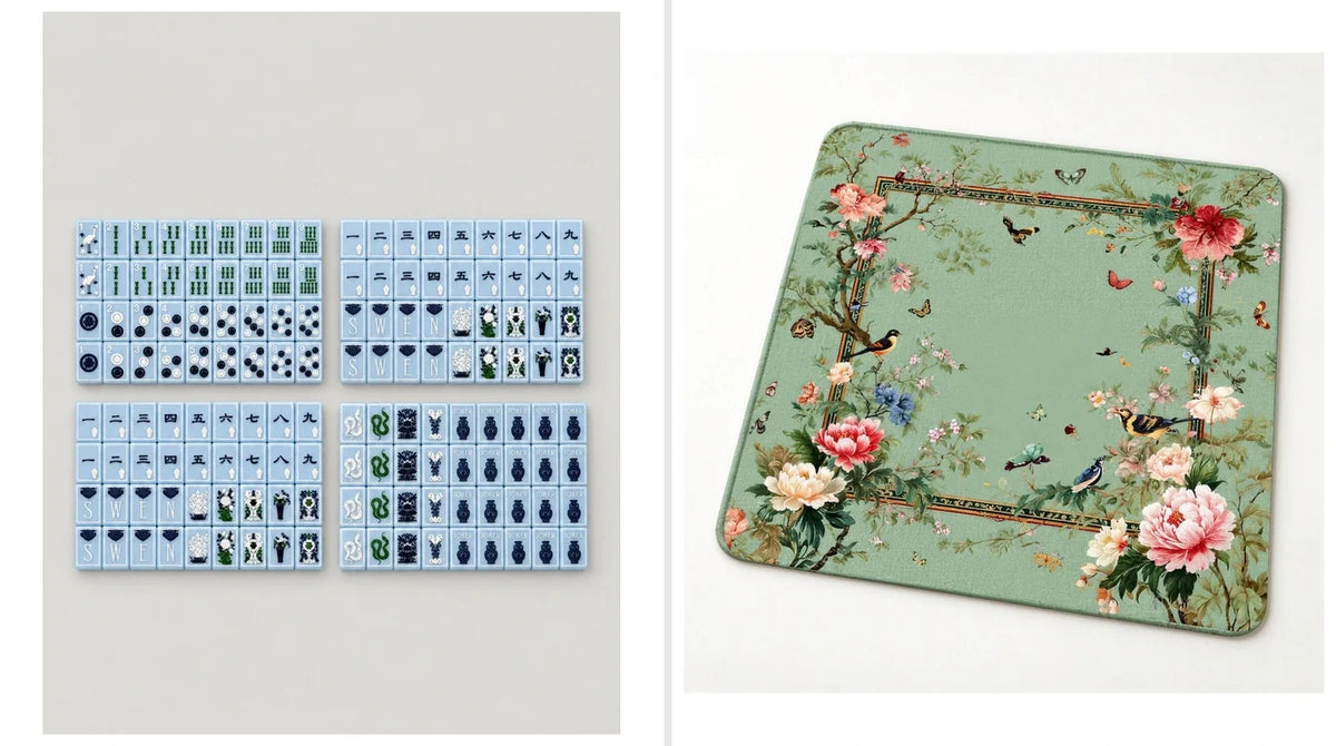 Willow acrylic mahjong tiles and the Aviary fabric mat shown as exact product care examples