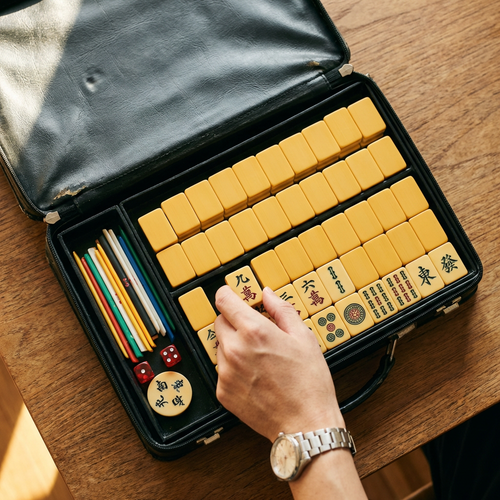 Japanese riichi mahjong set being unboxed on a wooden table