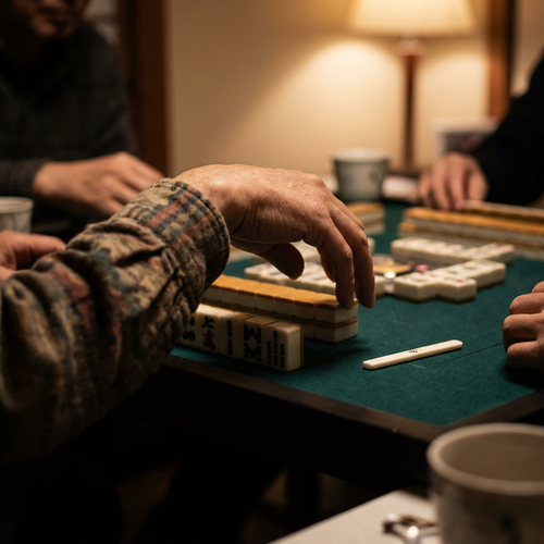 Player deciding which mahjong tile to discard during a tense moment