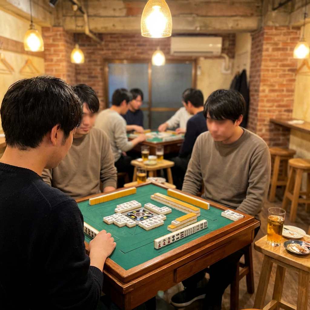 Cozy mahjong club gathering in a warm cafe with players around tables