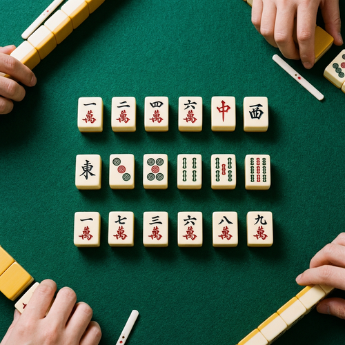 Riichi mahjong discard pond showing tile patterns on green felt mat