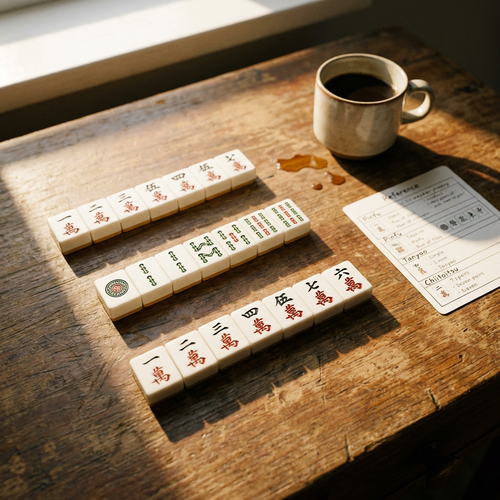 Mahjong tiles arranged in yaku patterns on wooden desk with coffee