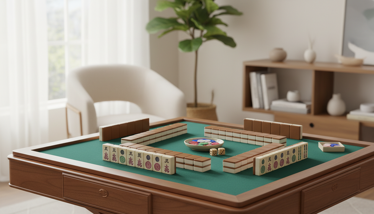 Mahjong table set up for play with tiles standing in racks and dice