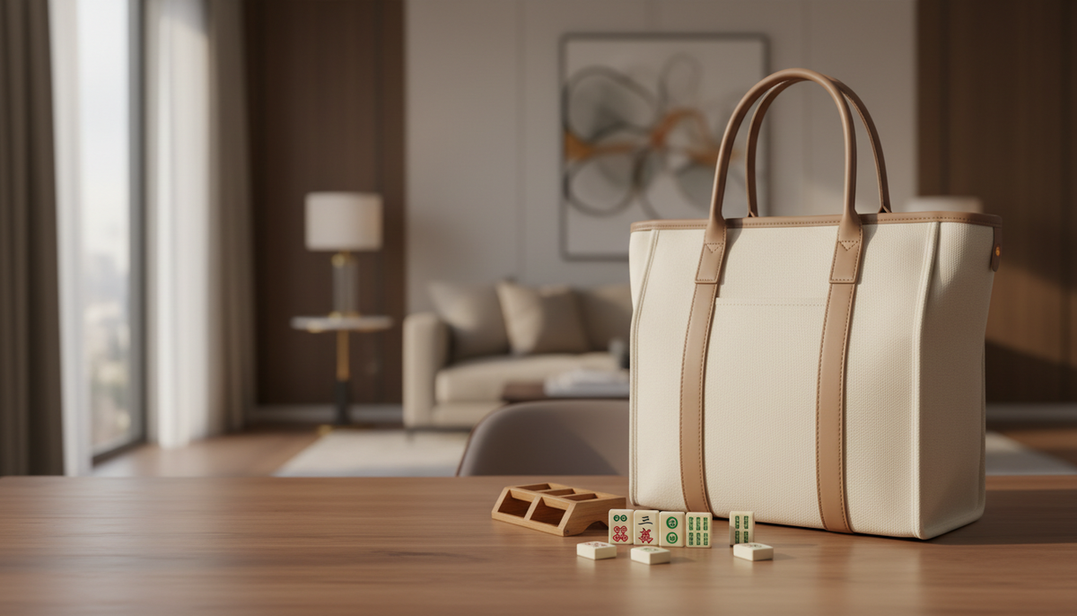 Mahjong tote bag on a table with a set of tiles arranged beside it