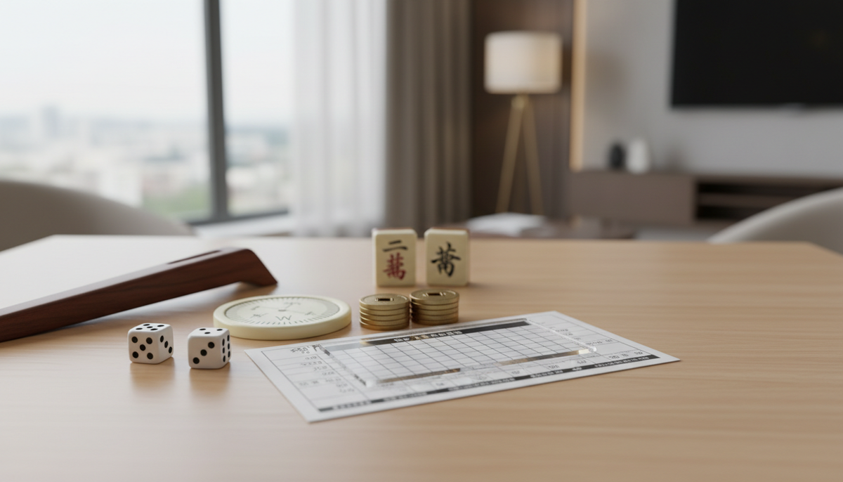 Mahjong accessories including pushers, dice and a line reader on a table