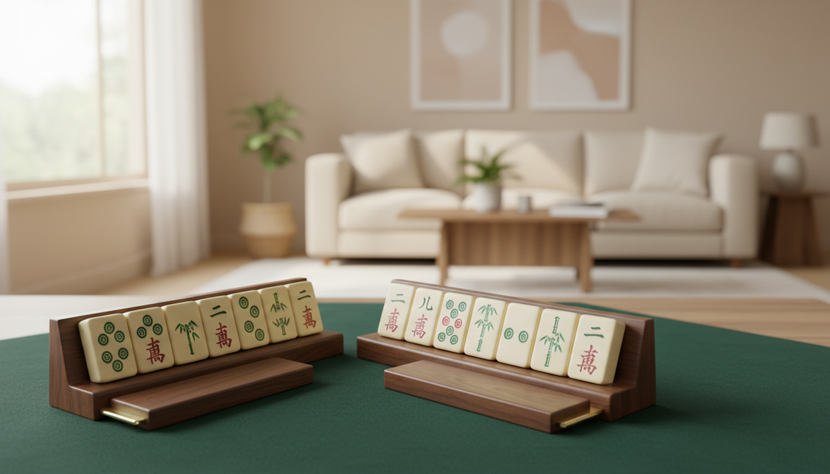 Wooden mahjong tile racks with pushers holding cream tiles on a green playing mat
