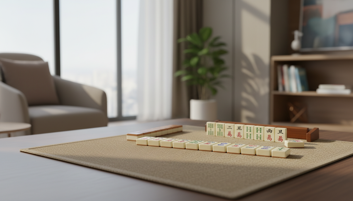 Green mahjong playing mat with tiles and a rack set up for a game