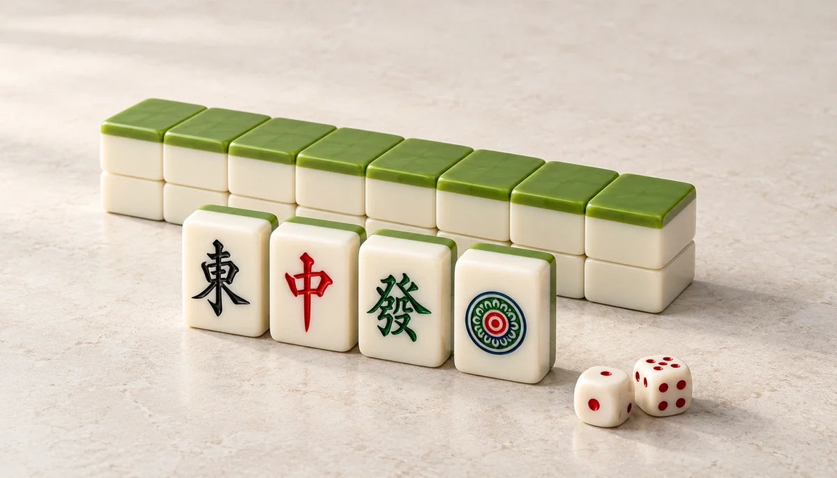 Chinese mahjong sets: a row of green-backed tiles behind East, red dragon, green dragon and circle tiles, with two dice