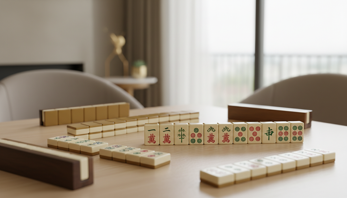 Authentic American mahjong tiles with engraved bamboo, dots and character symbols in a rack
