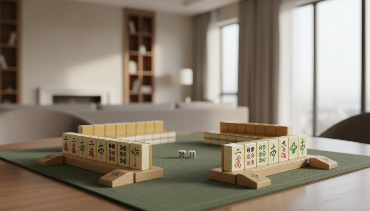Complete American mahjong set with cream tiles standing in wooden racks on a green mat