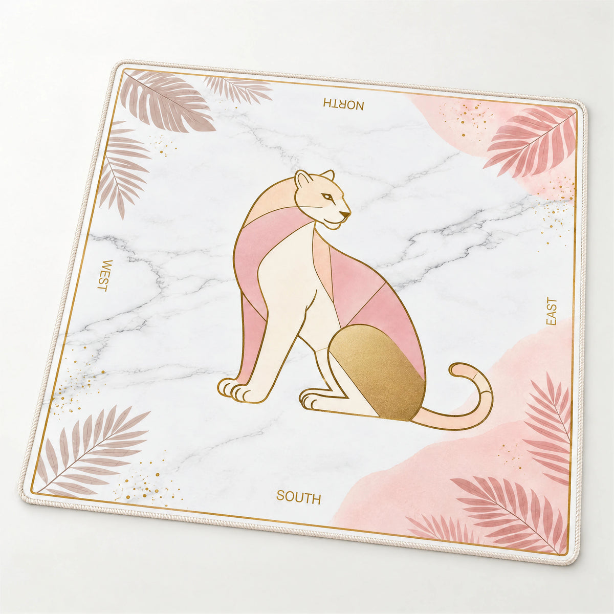 Azalea mat at an angle, showing the gold edge line, blush watercolor corners and seated panther