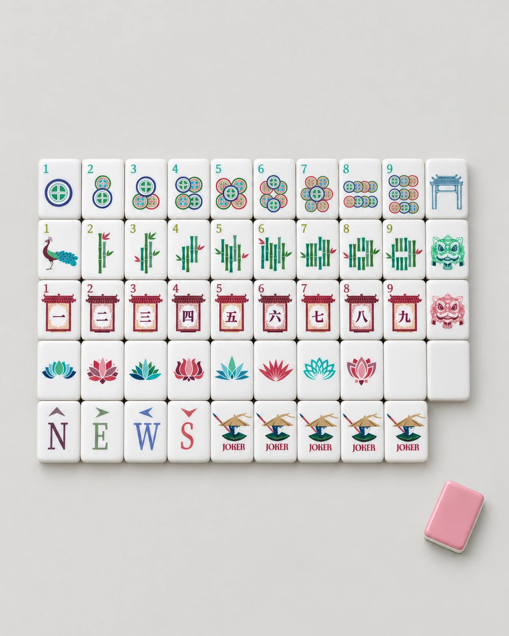 Pink mahjong set laid out by suit: coin dots, peacock bamboo, pagoda characters, lotus flowers, winds and Jokers