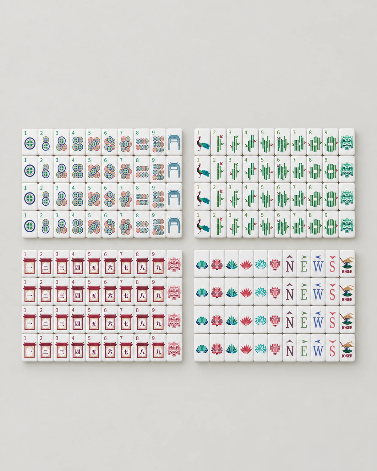 Begonia tiles in four blocks: dots, bamboo, characters, lotus flowers, NEWS winds and conical hat Jokers