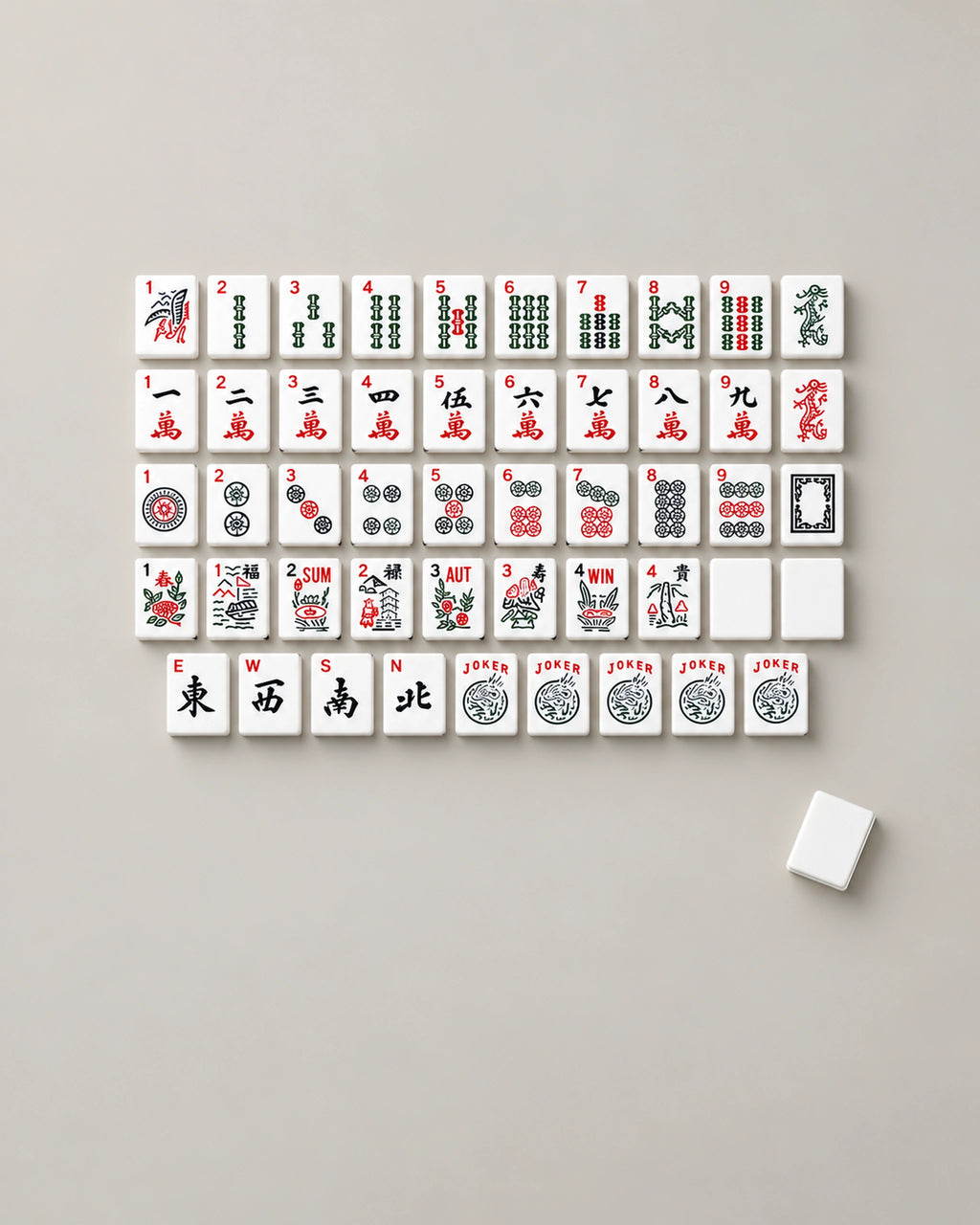 American mahjong set 166 tiles: one row per suit with dragons, flowers, two blanks, lettered winds and five jokers
