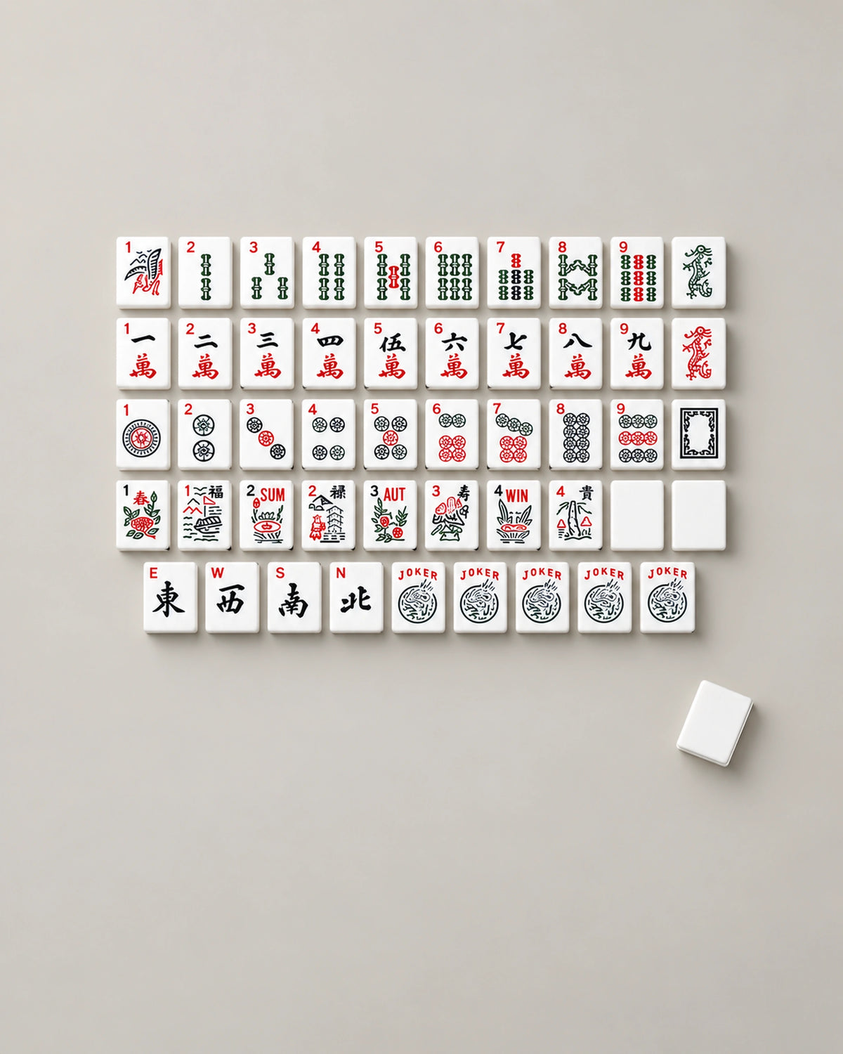 American mahjong set 166 tiles: one row per suit with dragons, flowers, two blanks, lettered winds and five jokers