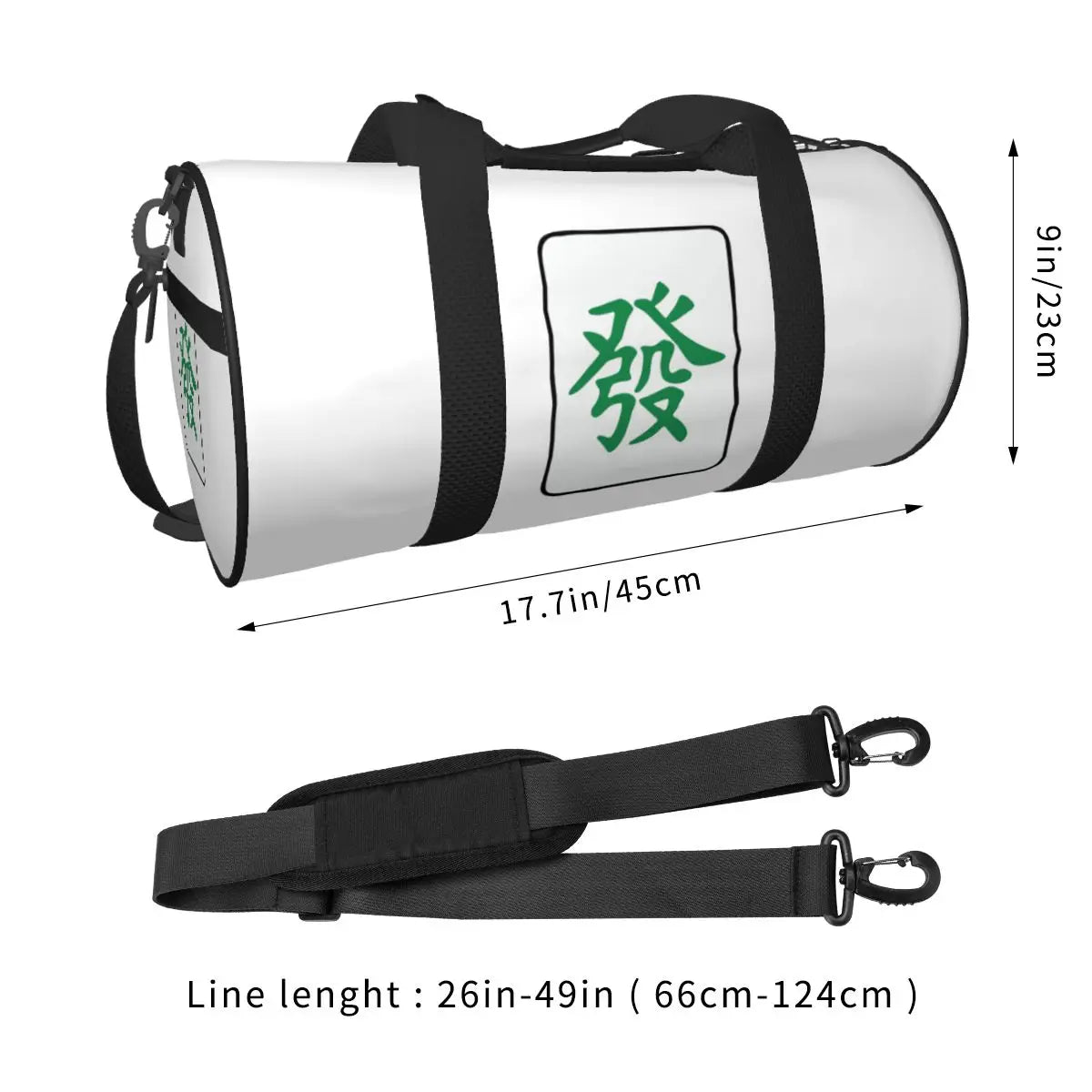 Bracken size chart: 17.7 in (45 cm) long, 9 in (23 cm) high, strap from 26 to 49 in (66 to 124 cm)