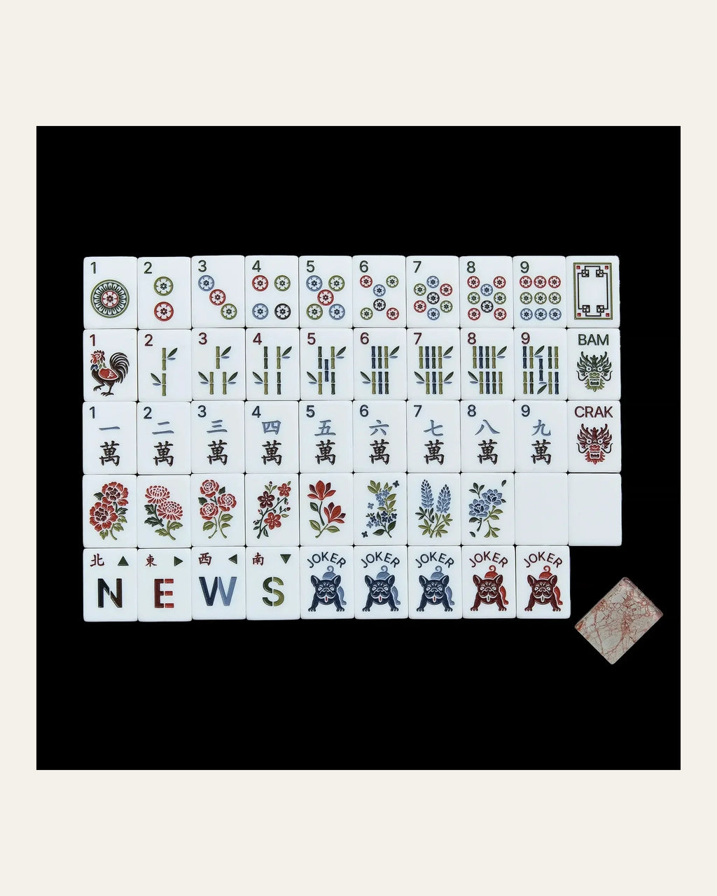 Brindle - French Bulldog Mahjong Tiles - Red-Veined Marble Backs - Full view