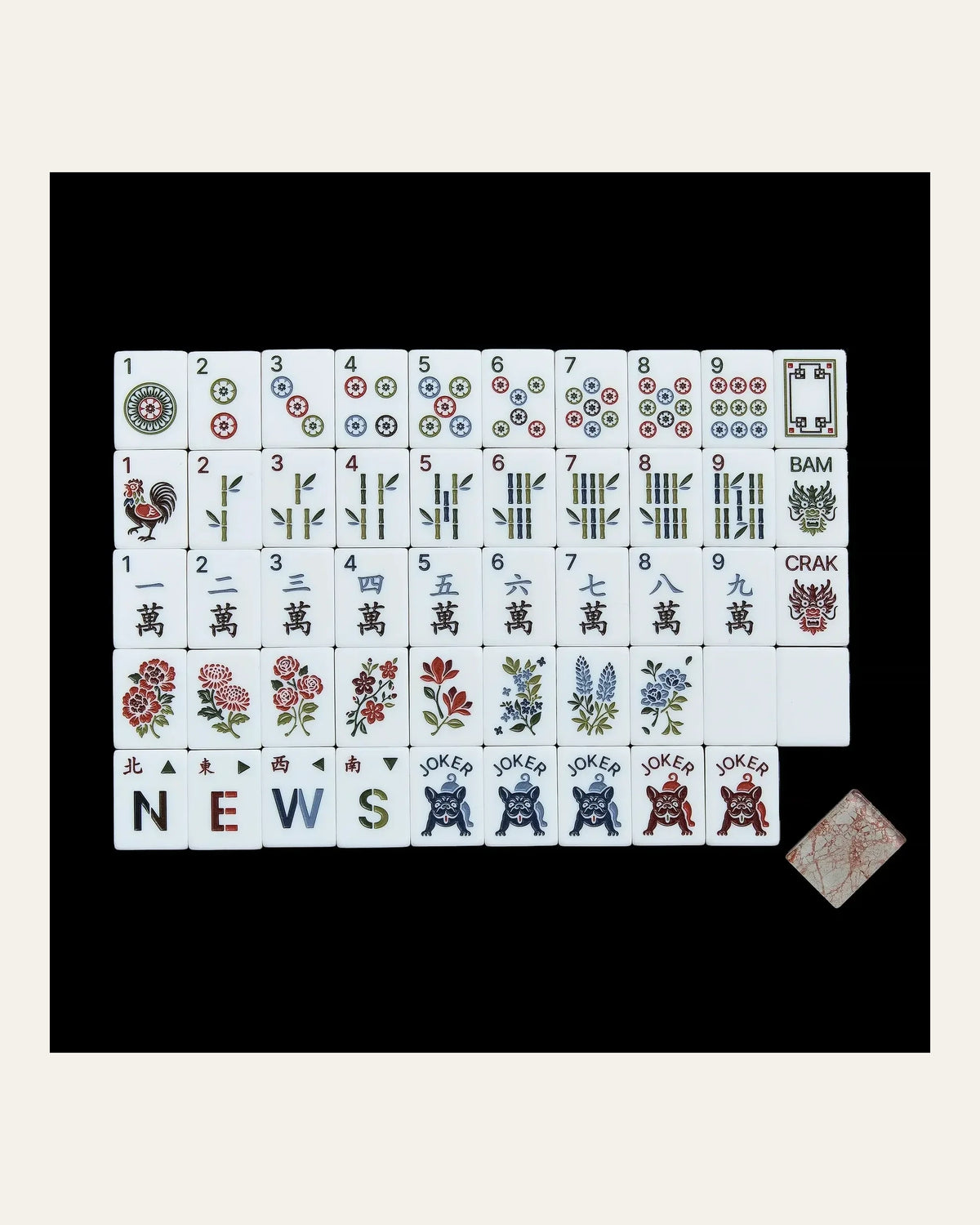 Brindle - French Bulldog Mahjong Tiles - Red-Veined Marble Backs - Full view