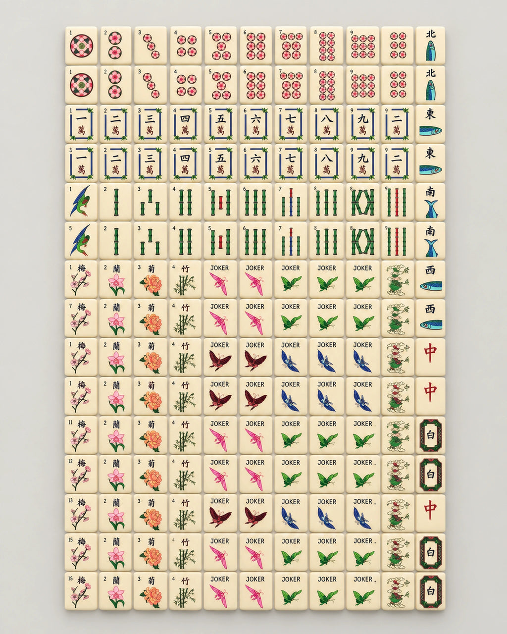 Calla mahjong tiles, traditional floral art, the full set laid out