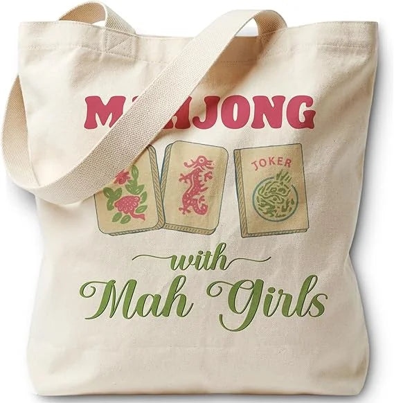 Mahjong With the Mah Girls print: three tiles including a joker above green script on a Cotton tote