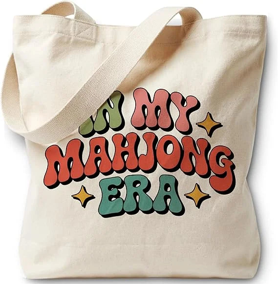 In My Mahjong Era print: retro red and teal letters with stars on a natural canvas Cotton tote
