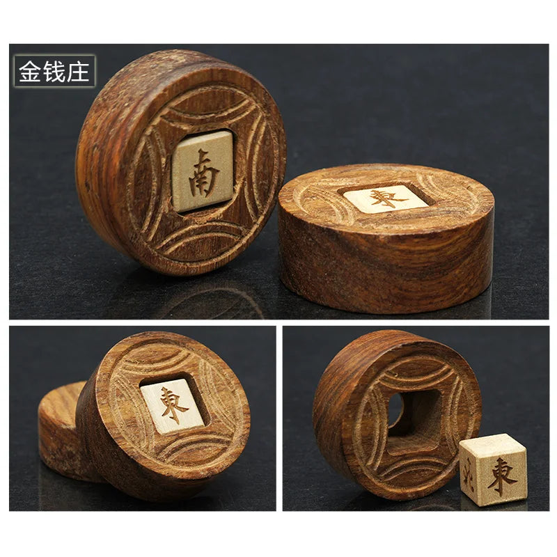 Round wood holder in three views, with the light cube set in the carved disc showing 南 and 東