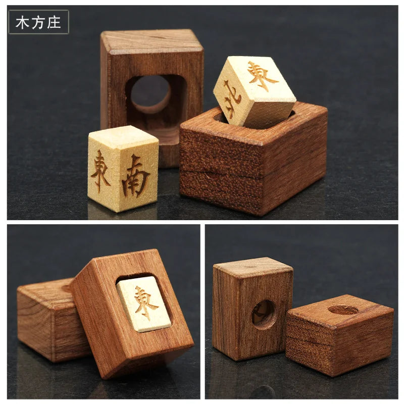Square wood holder in several views, with the light wood cube seated inside the block and beside it
