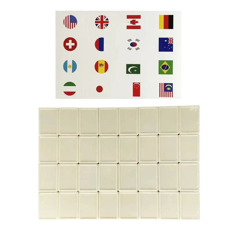 Four rows of plain cream Elm tiles below a sheet of sixteen round and rectangular flag stickers