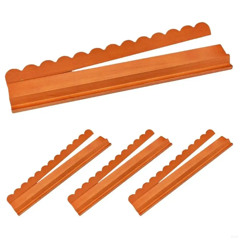 Scalloped mahjong racks in a honey tone: a set of 4, each rack shown with its wavy-edged pusher beside it