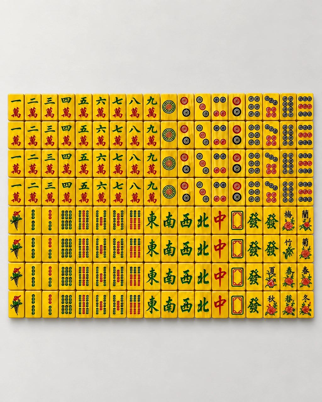 Full Gamboge layout in eight rows of golden tiles: characters, dots, bamboo, winds, dragons and flowers