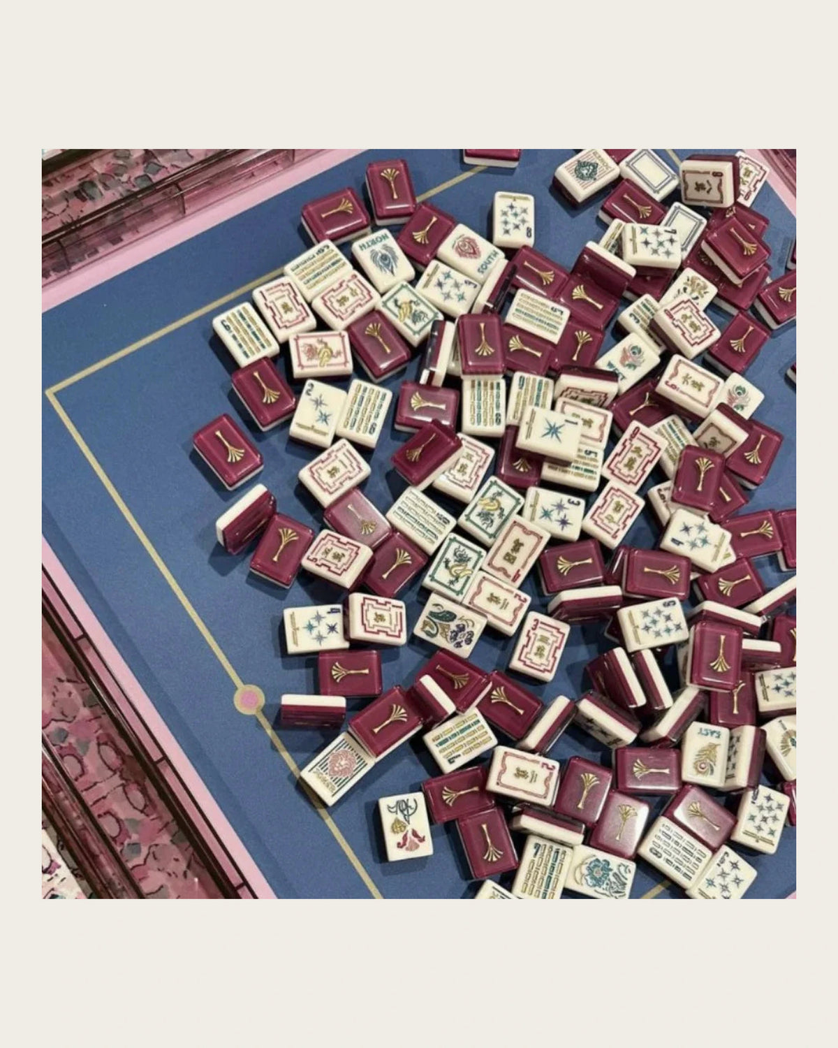 Ginkgo - Burgundy Mahjong Tiles - Art Deco Details - Full view