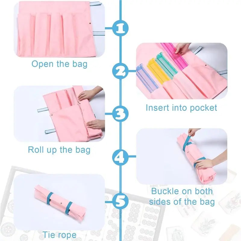 Five-step guide to packing Heather: open it, slide racks into the pockets, roll it up, fasten the straps