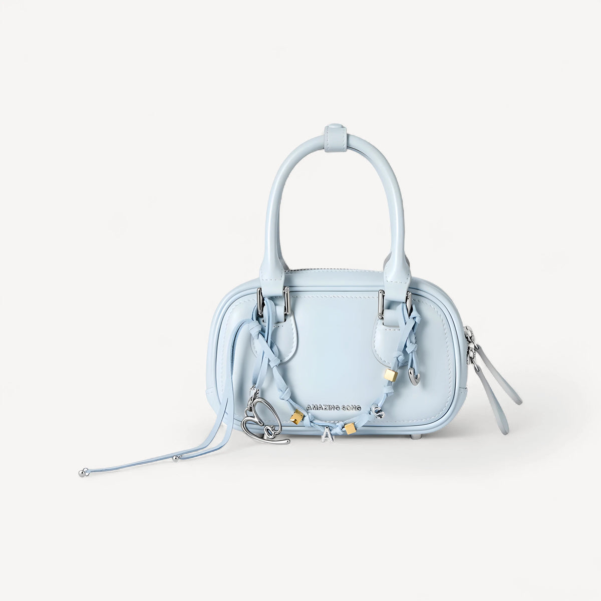 Pale pearl blue Hemp with silver-tone zip pulls, two top handles and a matching braided bead charm