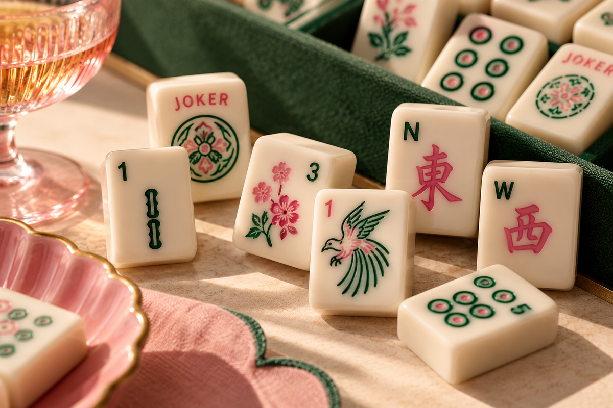 American mahjong tiles with pink and green engravings standing on a marble table, beside a green velvet case