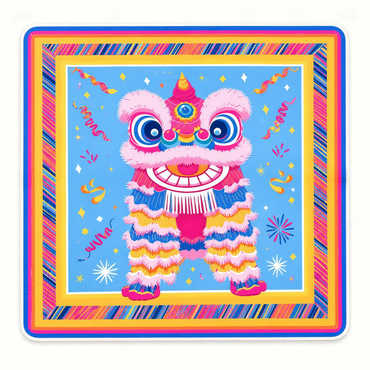 Lion dance mahjong mat with a pink lion costume on sky blue, confetti and a striped pink, yellow and blue border