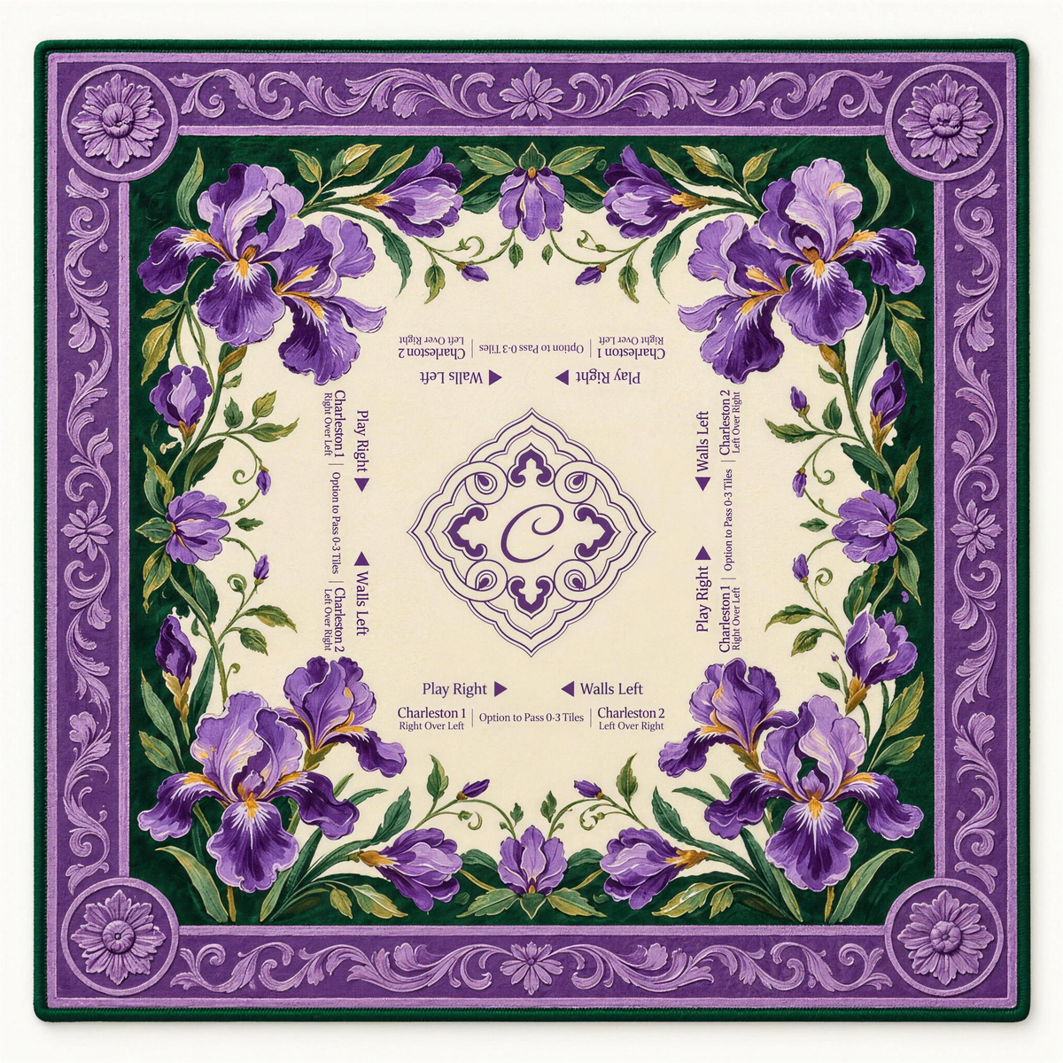 Purple mahjong mat Lila with an iris border and a printed Charleston guide, front view