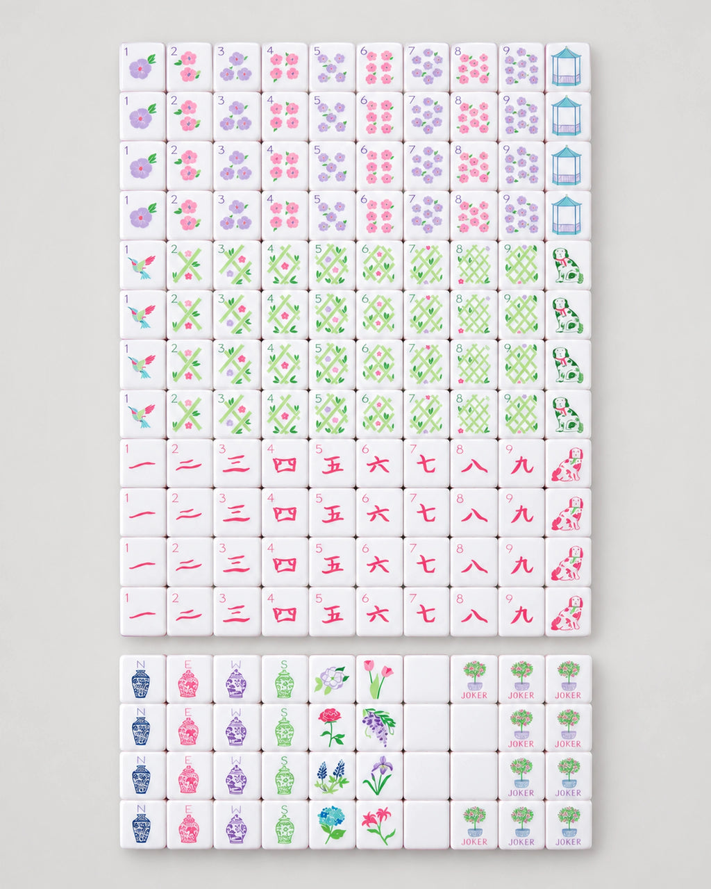 Full Lilac set laid out in rows of white-faced tiles, with flowers, blanks, winds and Jokers at the bottom