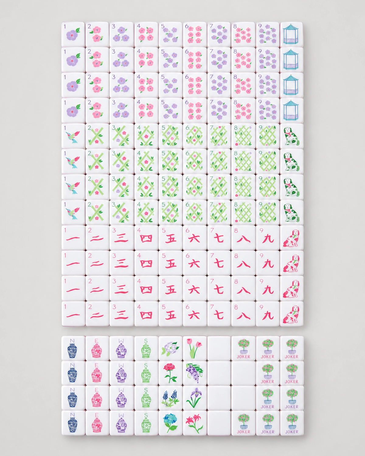 Full Lilac set laid out in rows of white-faced tiles, with flowers, blanks, winds and Jokers at the bottom