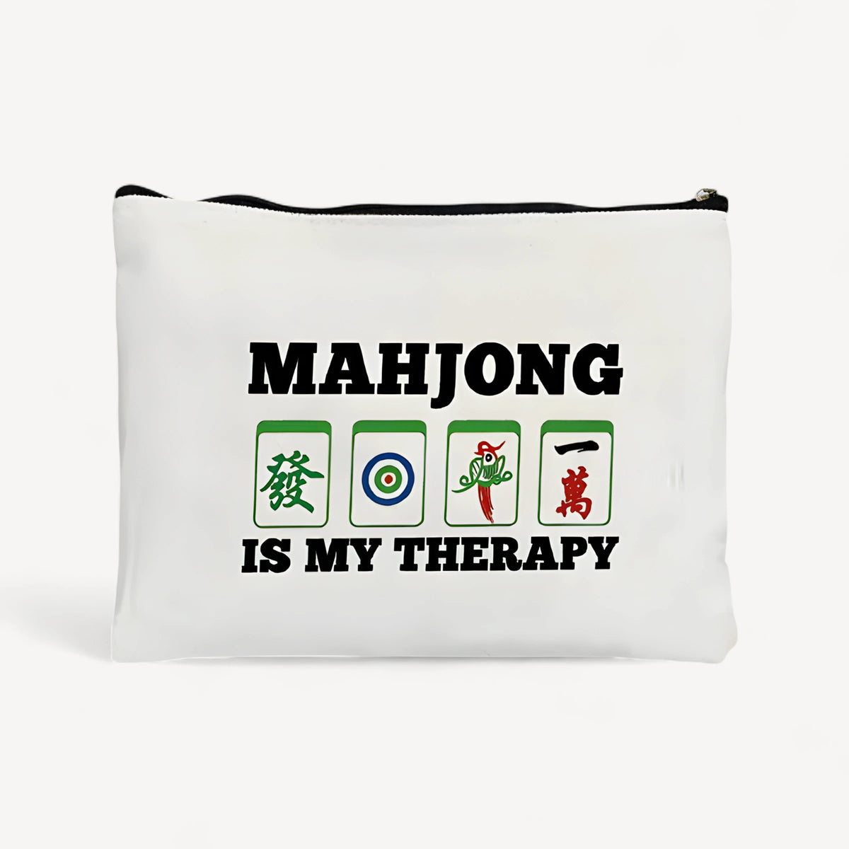 Linen pouch printed Mahjong Is My Therapy in black over a row of four colorful tiles