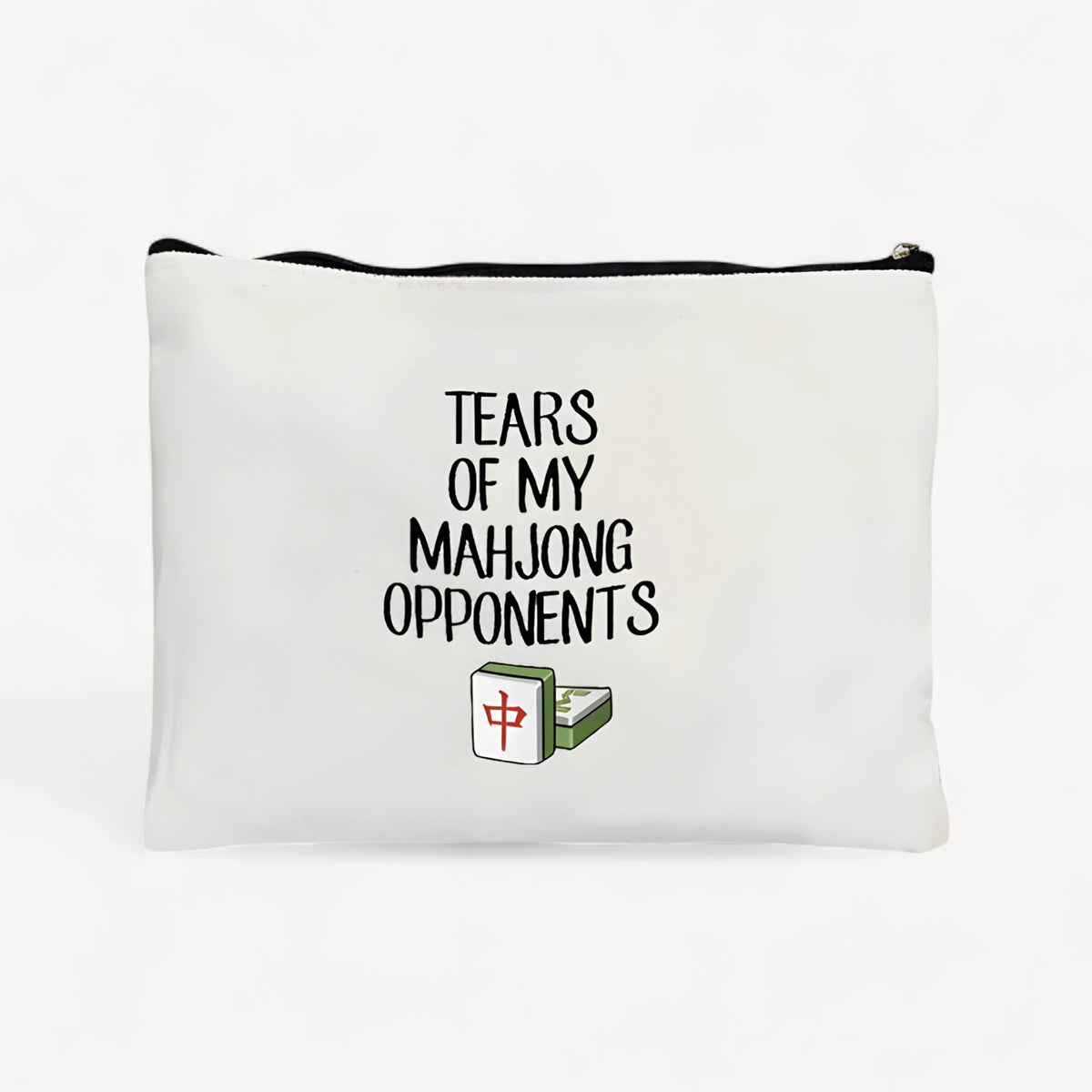 Linen pouch printed Tears of My Mahjong Opponents above a red dragon tile, closed with a black zipper