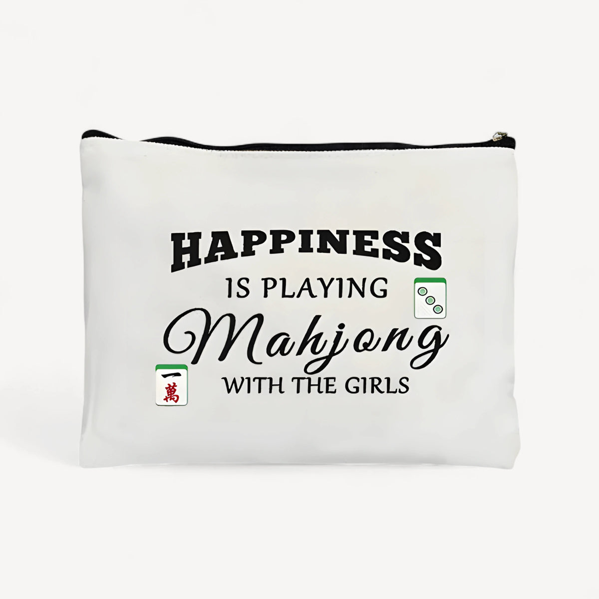 Mahjong card bag in cream canvas printed Happiness Is Playing Mahjong With the Girls, black zipper on top