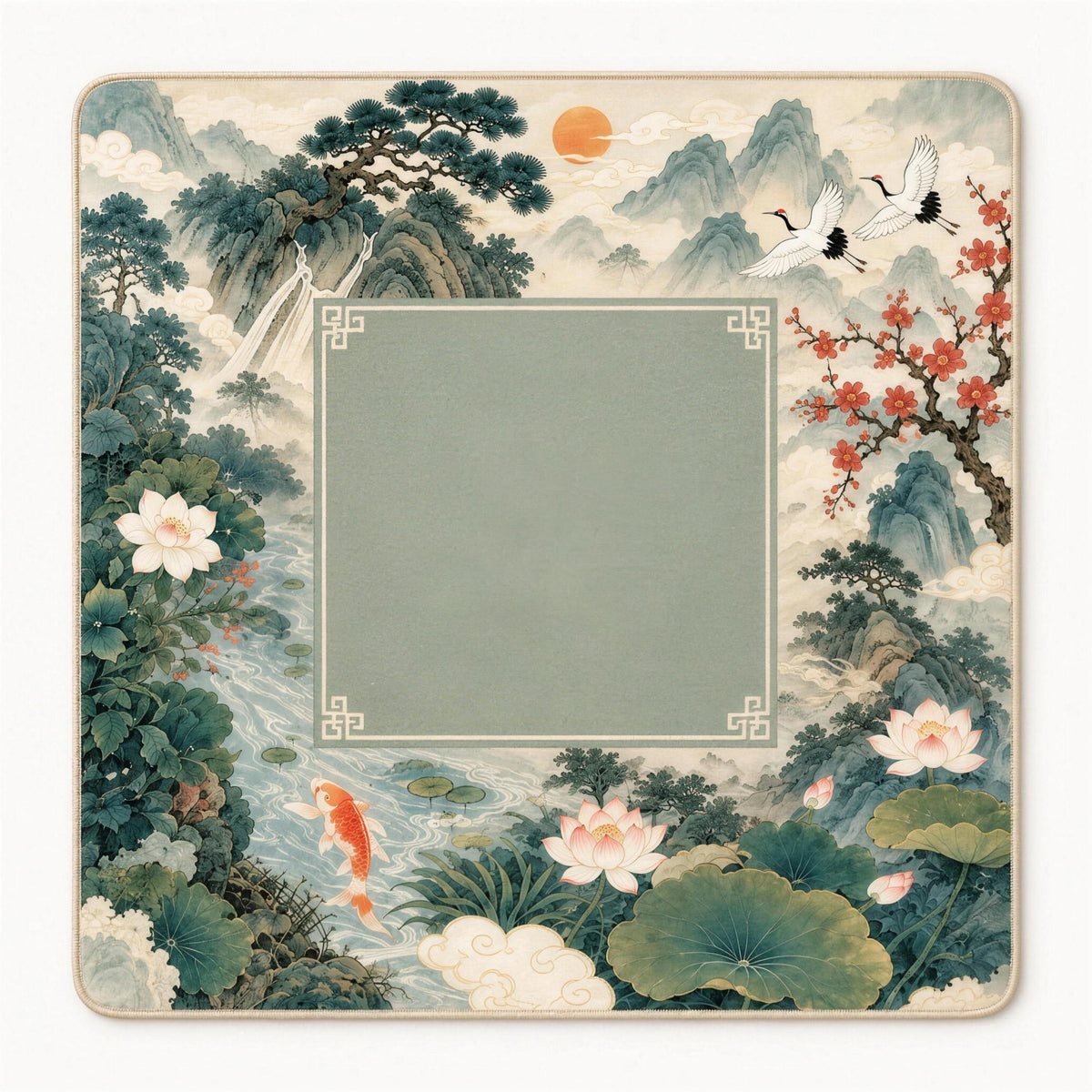 White lotus mahjong mat with a koi pond, cranes, misty mountains and a sage green center framed by a fret border
