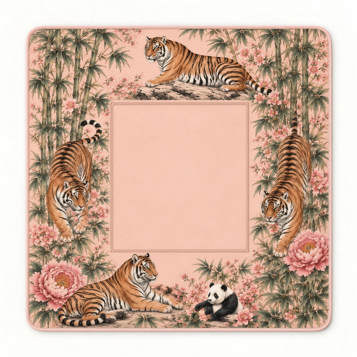 Pastel tiger mahjong mat with four tigers, a panda, bamboo and pink peonies around a plain peach center