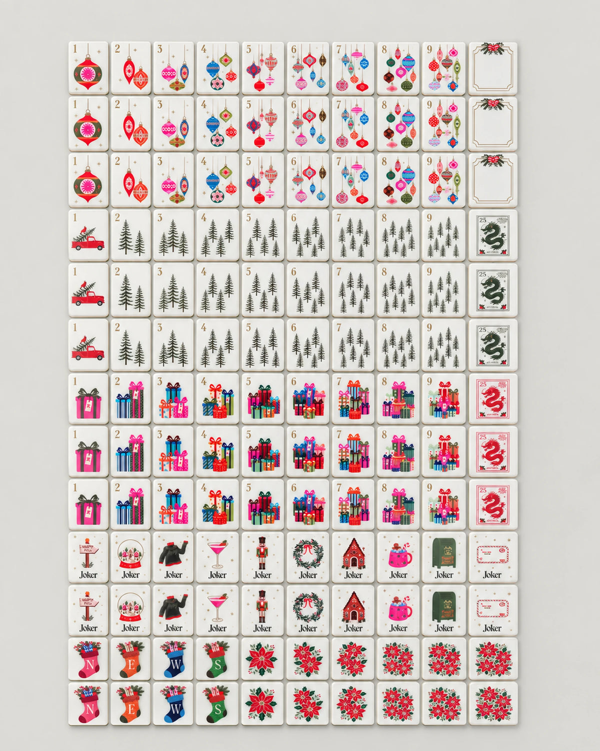 Noelle mahjong set, holiday tile artwork, the full set laid out