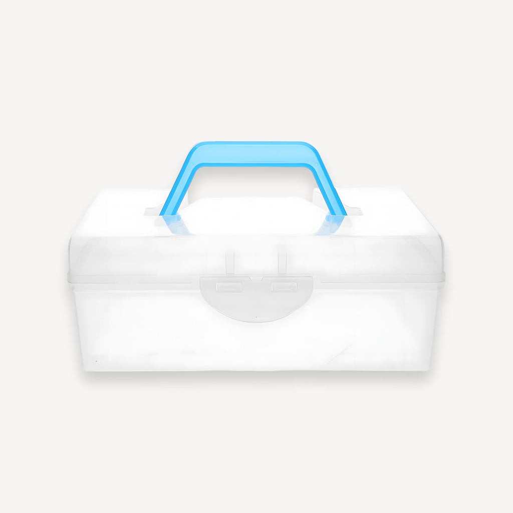 Mahjong box in frosted translucent plastic, seen from the front with its blue carry handle raised