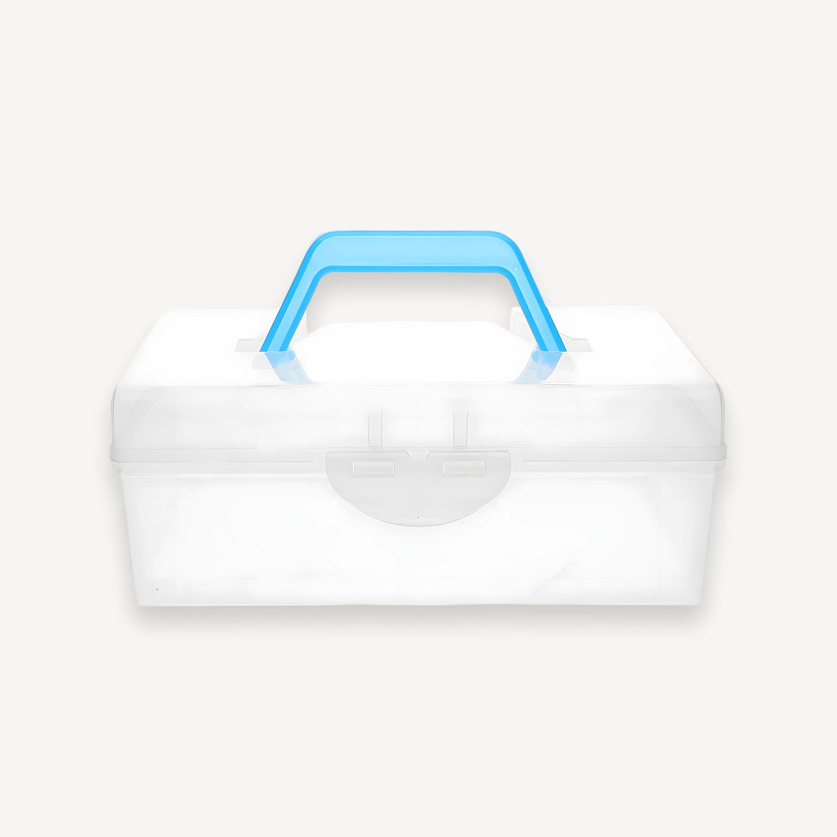 Mahjong box in frosted translucent plastic, seen from the front with its blue carry handle raised