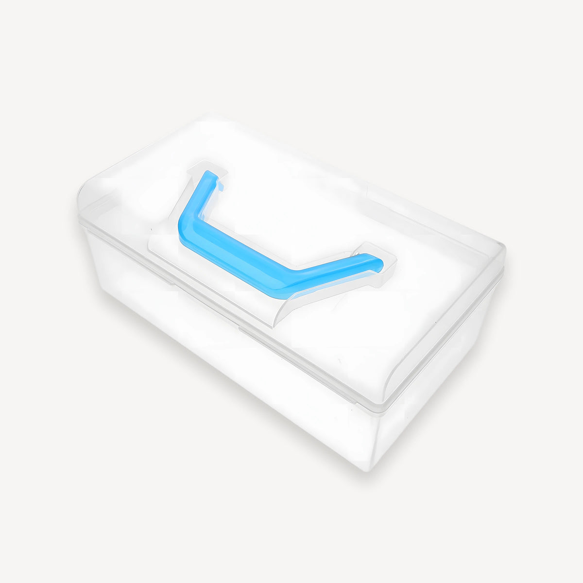 Oak box seen from above at an angle, its blue handle lying flat across the frosted plastic lid