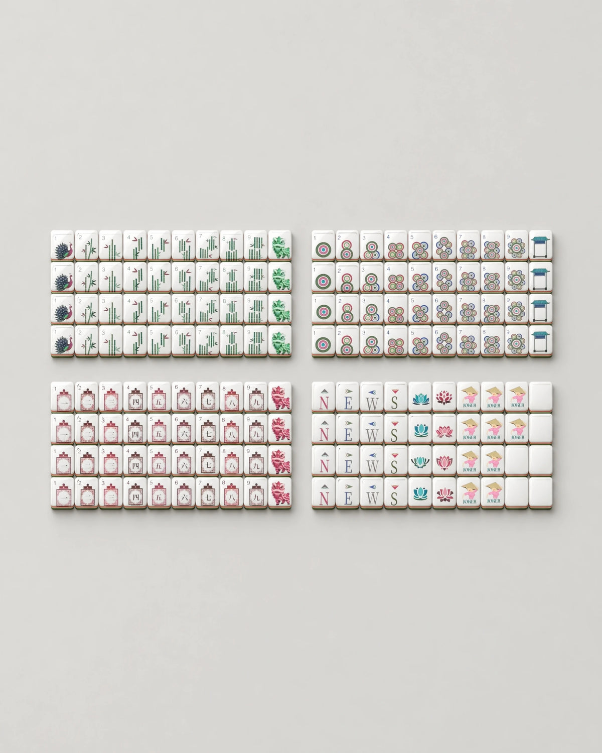 The complete Olivine set of 160 olive green mahjong tiles for American Mahjong laid out face up: dots, bams, craks, winds, dragons, 8 lotus flowers, 10 jokers and 6 blanks