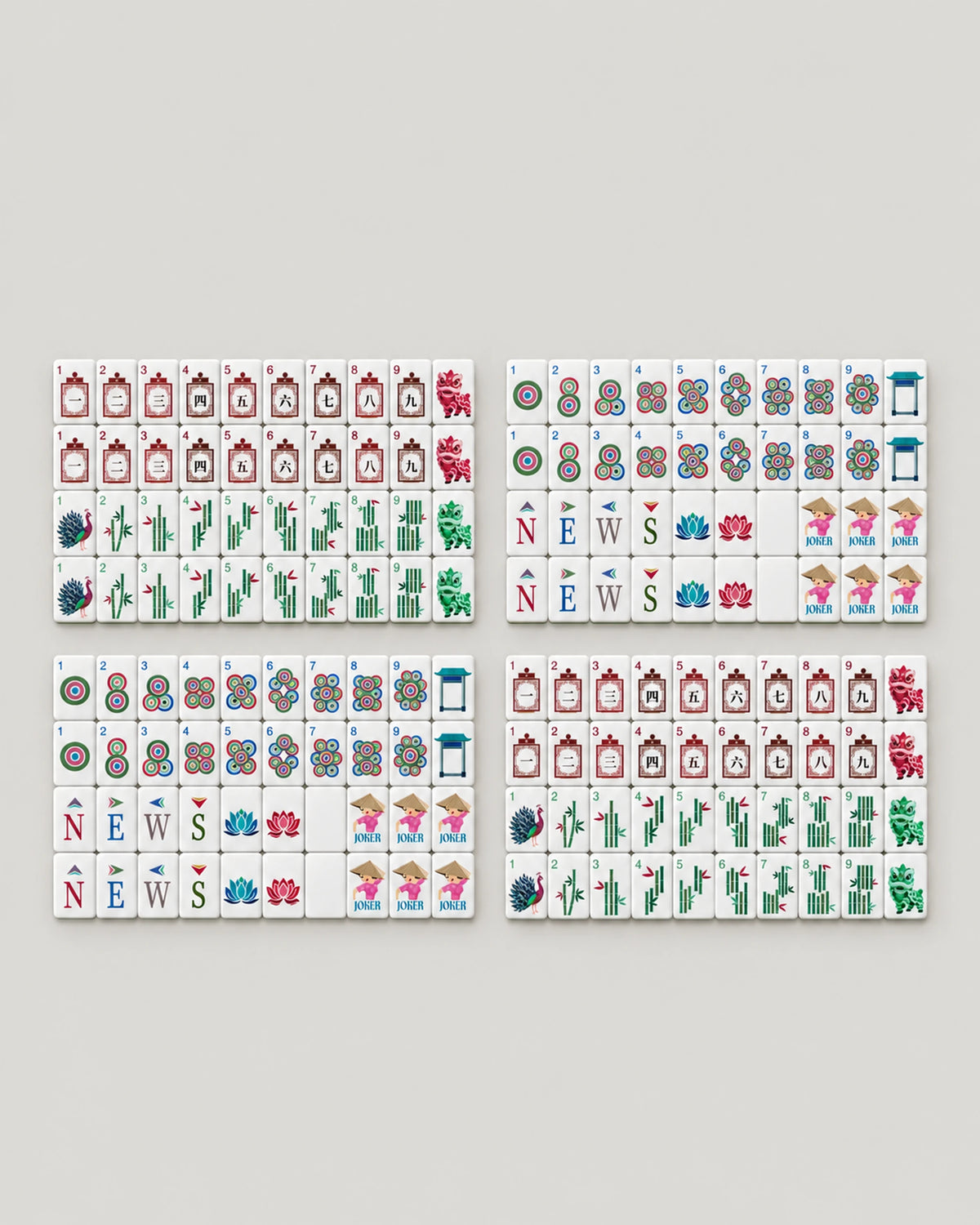 Olivine mahjong tiles, lotus and Lion Dance design, the full set laid out